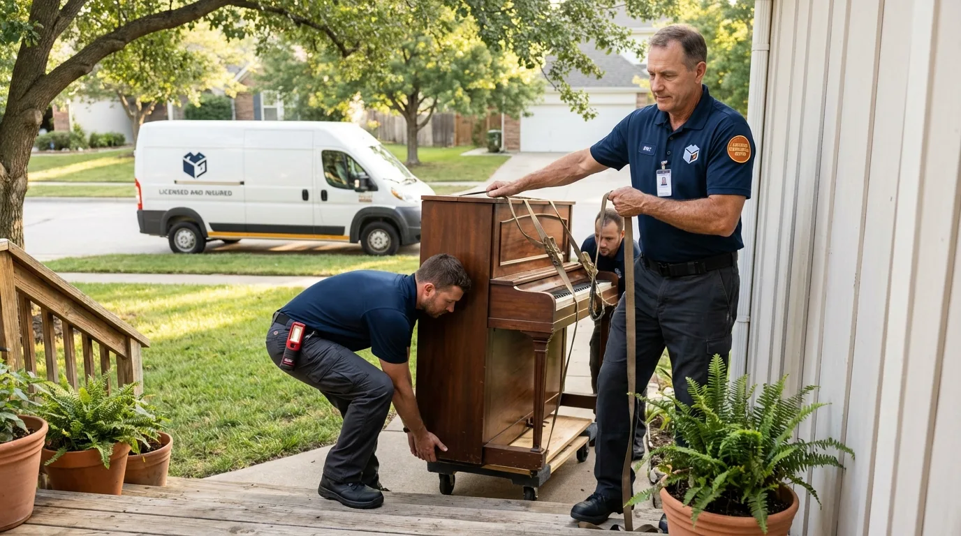 Licensed piano movers securing grand piano in Questa, NM