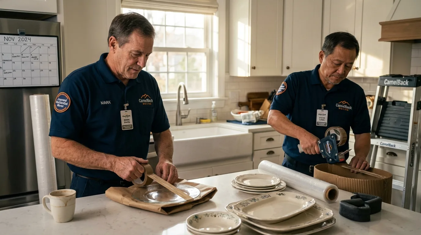 Professional crew packing kitchen dishware in Questa, NM